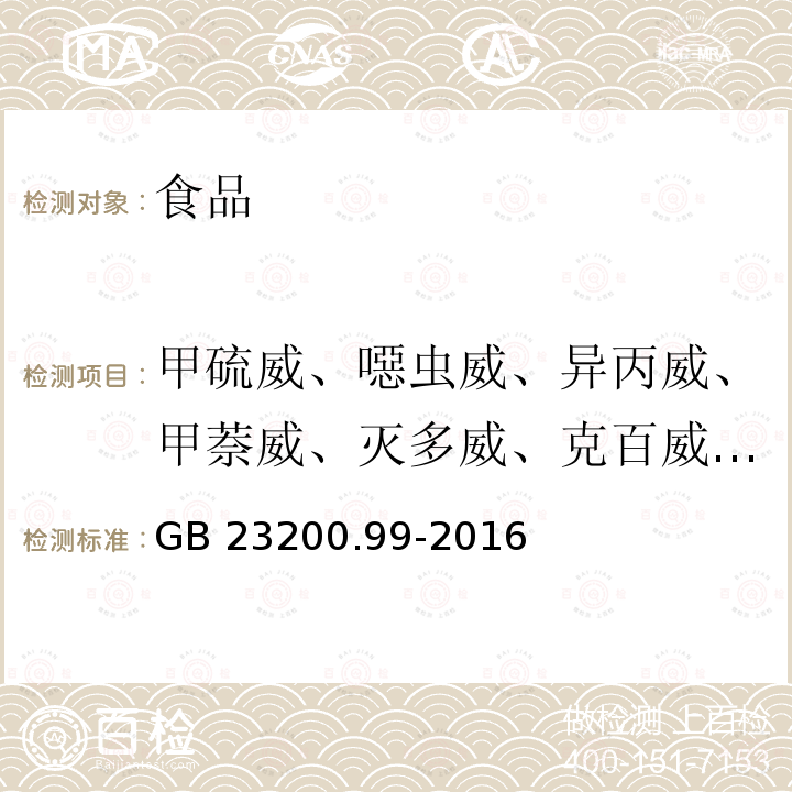 甲硫威、噁虫威、异丙威、甲萘威、灭多威、克百威、抗蚜威、仲丁威 食品安全国家标准 蜂王浆中多种氨基甲酸酯类农药残留量的测定 液相色谱-质谱/质谱法 GB 23200.99-2016