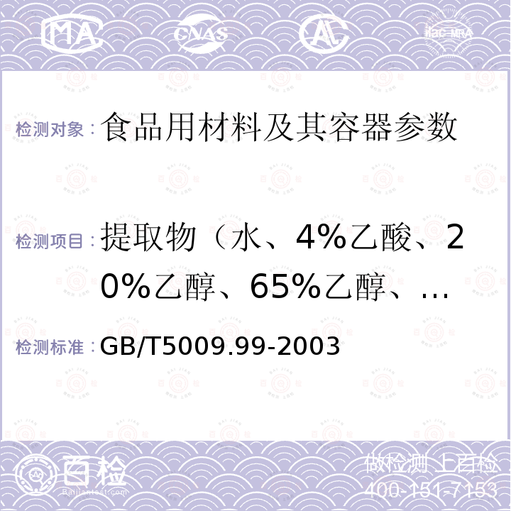 提取物（水、4%乙酸、20%乙醇、65%乙醇、正己烷） 食品容器及包装材料用聚碳酸酯树脂卫生标准的分析方法GB/T5009.99-2003