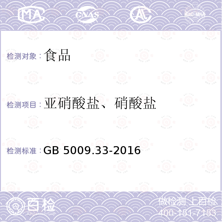 亚硝酸盐、硝酸盐 食品安全国家标准 食品中亚硝酸盐与硝酸盐的测定 GB 5009.33-2016