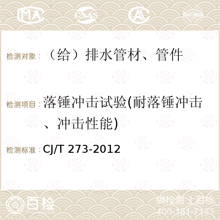 落锤冲击试验(耐落锤冲击、冲击性能) 聚丙烯静音排水管材及管件 CJ/T 273-2012