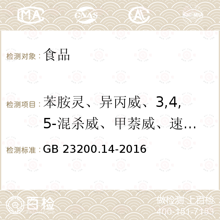 苯胺灵、异丙威、3,4,5-混杀威、甲萘威、速灭磷、抗蚜威、戊菌唑、腈菌唑、多效唑、杀扑磷、二嗪磷、乙环唑、甲基毒死蜱、嘧菌酯、氟虫脲、残杀威、久效威、甲拌磷、甲基嘧啶磷、噻嗪酮、三唑磷、氟乐灵、毒死蜱、肟菌酯、甲胺磷、嘧霉胺、仲丁威、嘧菌胺、乐果、地虫硫磷、倍硫磷、抑霉唑、辛硫磷、醚菌酯、增效醚、伏杀硫磷、唑螨酯、莠去津、三唑酮、戊唑醇、保棉磷、治螟磷、马拉硫磷、灭菌丹、乙烯菌核利、氯唑磷、敌敌畏、甲氰菊酯、氯菊酯、醚菊酯、氟胺氰菊酯、速灭威、二苯胺、涕灭威、杀螟硫磷、腐霉利、亚胺硫磷、甲咪唑烟酸、吡蚜酮、 噻虫啉、吡虫啉、三唑醇、氟硅唑、噻虫胺、噻虫嗪、粉唑醇、丙环唑、丙溴磷、啶虫脒(啶虫清)、喹螨醚、硫环磷、灭多威、灭线磷(丙线磷)、内吸磷、噻螨酮、茚虫威 食品安全国家标准 果蔬汁和果酒中512种农药及相关化学品残留量的测定 液相色谱-质谱法 GB 23200.14-2016