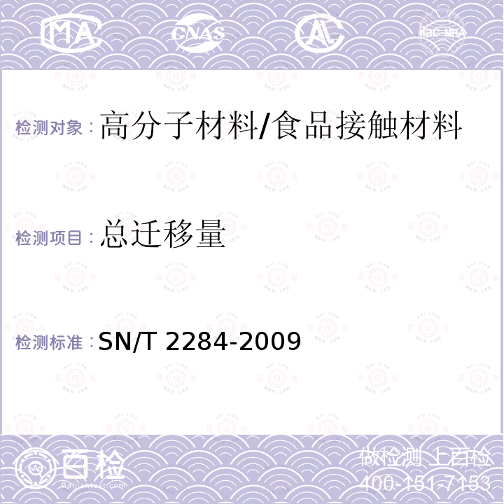 总迁移量 食品接触材料 高分子材料 总迁移量的测定方法 替代试验：用试验介质异辛烷和95%乙醇测定与脂肪类食品接触的塑料中的总迁移量/SN/T 2284-2009