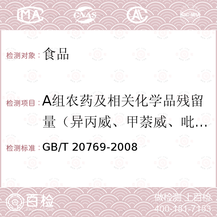 A组农药及相关化学品残留量（异丙威、甲萘威、吡咪唑、西草净、速灭磷、抗蚜威、噻虫啉、吡虫啉、乙草胺、戊菌唑、腈菌唑、多效唑、二嗪磷、氯苯嘧啶醇、三唑醇、杀扑磷、抑菌灵、氟虫脲、甲氨基阿维菌素苯甲酸盐） GB/T 20769-2008 水果和蔬菜中450种农药及相关化学品残留量的测定 液相色谱-串联质谱法