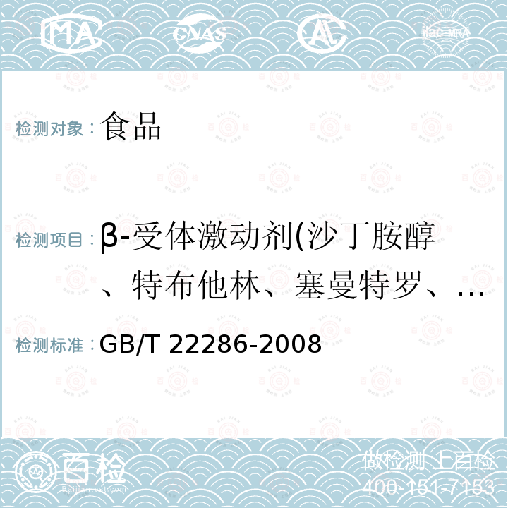 β-受体激动剂(沙丁胺醇、特布他林、塞曼特罗、塞布特罗、莱克多巴胺、克仑特罗、溴布特罗、苯氧丙酚胺、马布特罗、马贲特罗、溴代克仑特罗) 动物源性食品中多种β-受体激动剂残留量的测定 液相色谱串联质谱法 GB/T 22286-2008