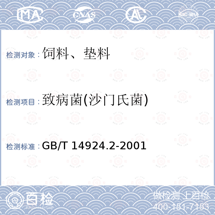 致病菌(沙门氏菌) GB/T 14924.2-2001 【强改推】实验动物 配合饲料卫生标准