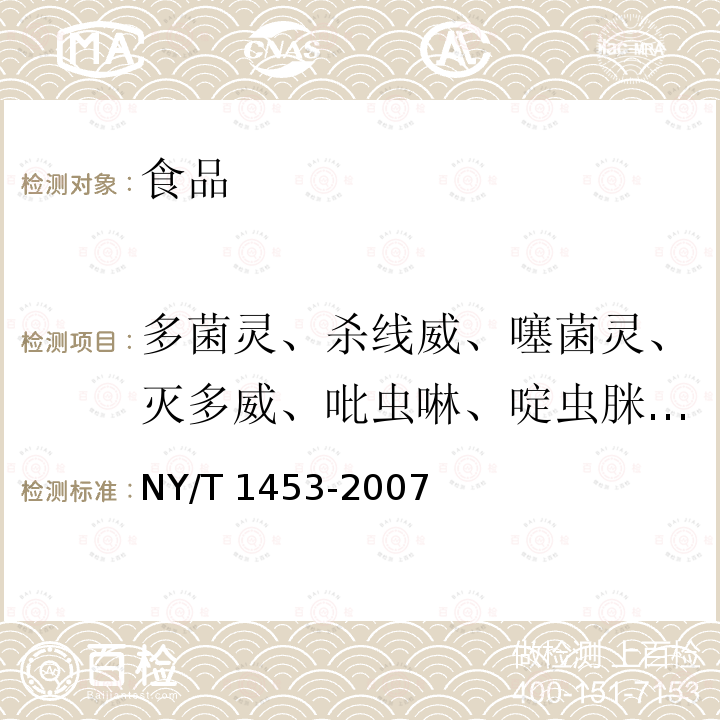 多菌灵、杀线威、噻菌灵、灭多威、吡虫啉、啶虫脒、嘧菌酯、虱螨脲、多杀菌素、咪鲜胺、氟菌唑、氟苯脲、氟虫脲、伐虫脒、霜霉威、氟铃脲 蔬菜及水果中多菌灵等16种农药残留测定 液相色谱-质谱-质谱联用法 NY/T 1453-2007