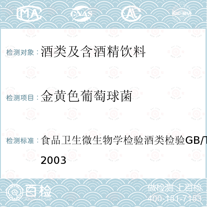 金黄色葡萄球菌 食品卫生微生物学检验 酒类检验
GB/T 4789.25-2003