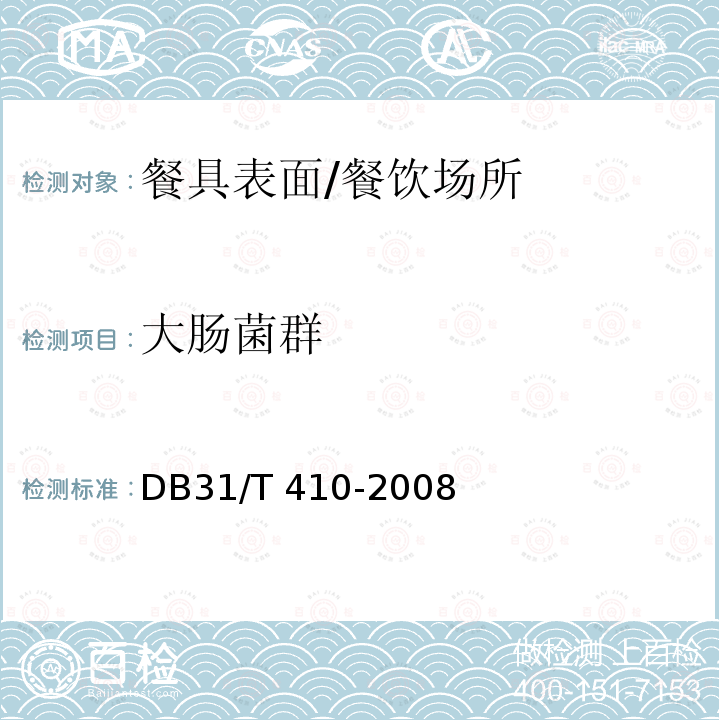 大肠菌群 餐饮业即食食品环节表面卫生要求/DB31/T 410-2008