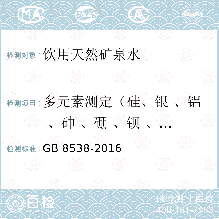 多元素测定（硅、银 、铝 、砷 、硼 、钡 、铍 、钙 、镉 、钴 、铬 、铜 、铁 、钾 、锂 、镁 、锰 、钼 、钠 、镍 、铅 、锑 、硒 、锶 、锡 、钍 、铊 、钛 、铀 、钒 、锌 、汞） 食品安全国家标准 饮用天然矿泉水检验方法（11.2 电感耦合等离子体质谱法）GB 8538-2016