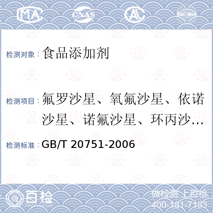 氟羅沙星、氧氟沙星、依諾沙星、諾氟沙星、環丙沙星、恩諾沙星、洛美沙星、單諾沙星、奧比沙星、雙氟沙星、沙拉沙星、司帕沙星、噁喹酸、萘啶酸、氟甲喹 鰻魚及制品中十五種喹諾酮類藥物殘留量的測定 液相色譜-串聯質譜法GB/T 20751-2006