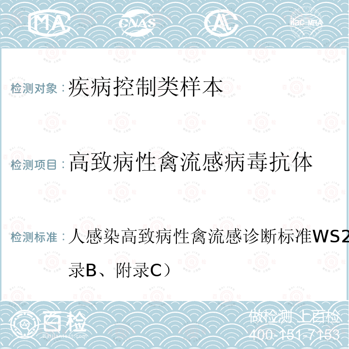 高致病性禽流感病毒抗体 人感染高致病性禽流感诊断标准
 WS 284-2008（附录B、附录C）