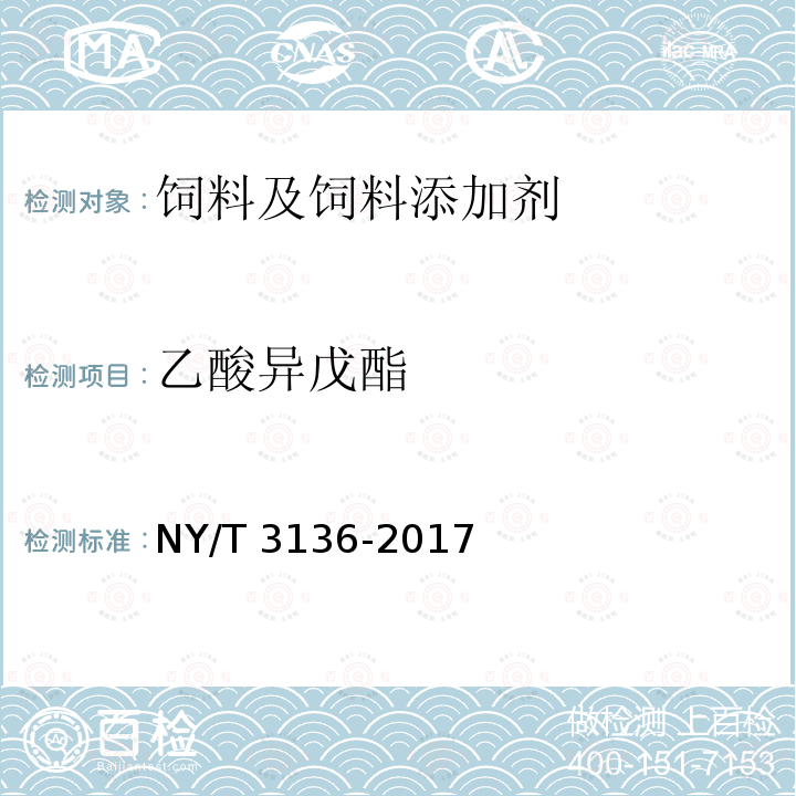 乙酸异戊酯 饲用调味剂中香兰素、乙基香兰素、肉桂醛、桃醛、乙酸异戊酯、γ-壬内酯、肉桂酸甲酯、大茴香脑的测定 气相色谱法 NY/T 3136-2017