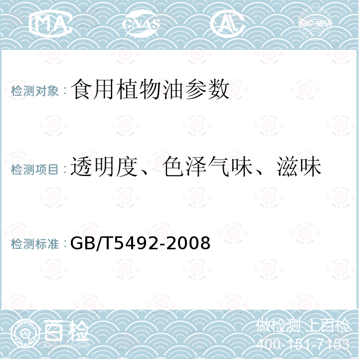 透明度、色泽气味、滋味 GB/T 5492-2008 粮油检验 粮食、油料的色泽、气味、口味鉴定