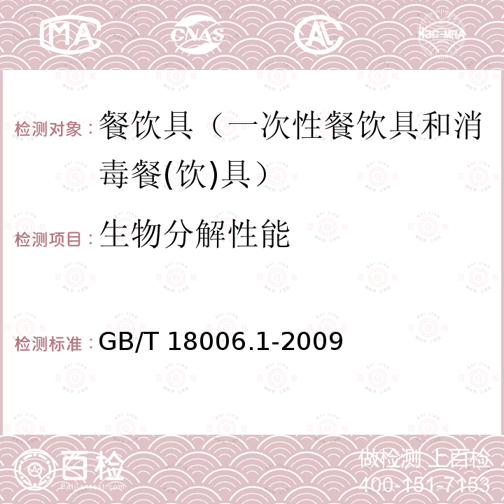 生物分解性能 塑料一次性餐饮具通用技术要求GB/T 18006.1-2009（5.6）