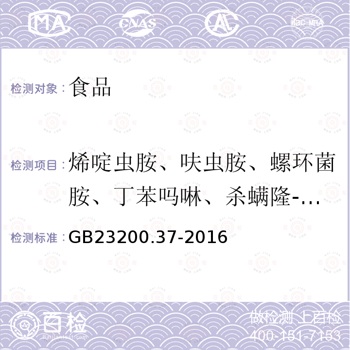 烯啶虫胺、呋虫胺、螺环菌胺、丁苯吗啉、杀螨隆-甲脒、十三吗啉、叶菌唑、杀螨隆-脲、密灭汀、泰妙菌素、多杀霉素A、多杀霉素D、氨基阿维菌素、甲氨基阿维菌素1、甲氨基阿维菌素2、烯丙酰草胺、驱虫磷、烯唑醇、阿维菌素、甲基甲酸胺阿维菌素 食品安全国家标准食品中烯啶虫胺、呋虫胺等20种农药残留量的测定液相色谱-质谱/质谱法GB23200.37-2016