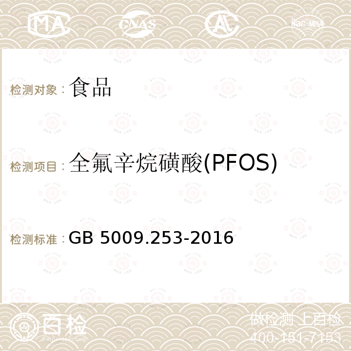 全氟辛烷磺酸(PFOS)、全氟辛酸(PFOA ) GB 5009.253-2016 食品安全国家标准 动物源性食品中全氟辛烷磺酸(PFOS)和全氟辛酸(PFOA)的测定