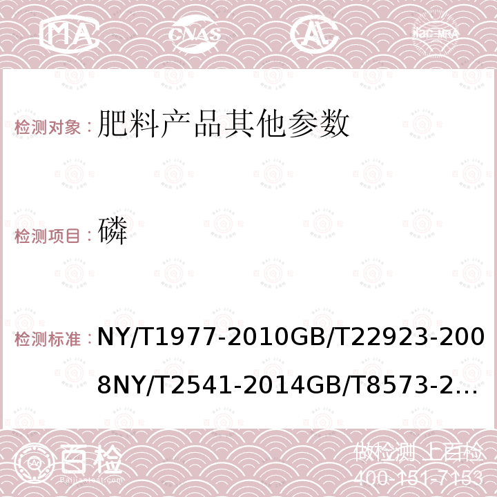 磷 水溶肥料 總氮、磷、鉀含量的測定
肥料中氮、磷、鉀的自動分析儀測定法
肥料 磷含量的測定
土壤調(diào)理劑磷、鉀含量的測定
過磷酸鈣
鈣鎂磷肥
重過磷酸鈣
硝酸磷肥中磷含量的測定
 磷鉬酸喹啉重量法復(fù)混肥料中有效磷含量的測定
磷酸一銨、磷酸二銨的測定方法 第2部分：磷含量
肥料級磷酸氫鈣