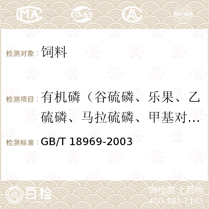 有机磷（谷硫磷、乐果、乙硫磷、马拉硫磷、甲基对硫磷、伏杀磷、蝇毒磷等） GB/T 18969-2003 饲料中有机磷农药残留量的测定 气相色谱法