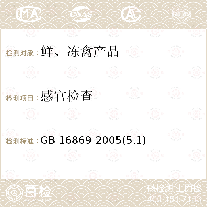 感官检查 鲜、冻禽产品 GB 16869-2005(5.1)