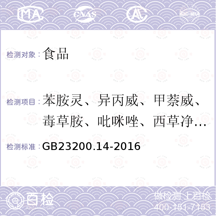 苯胺灵、异丙威、甲萘威、毒草胺、吡咪唑、西草净、绿谷隆、速灭磷、抗蚜威、扑草净、甲基对氧磷、噻虫啉、吡虫啉、燕麦敌、戊菌唑、多效唑、三唑醇、甲基立枯磷、二嗪磷、敌瘟磷、苯霜灵、丙森锌、抑菌灵、甲基毒死蜱、嘧菌酯、氟虫脲、乙酰禾草敌、久效威、野燕枯、炔苯酰草胺、精甲霜灵、噻虫嗪、烯草酮、炔螨特、抑芽丹等 食品安全国家标准果蔬汁和果酒中512种农药及相关化学品残留量的测定液相色谱-质谱法GB23200.14-2016