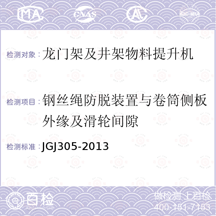 钢丝绳防脱装置与卷筒侧板外缘及滑轮间隙 JGJ 305-2013 建筑施工升降设备设施检验标准(附条文说明)