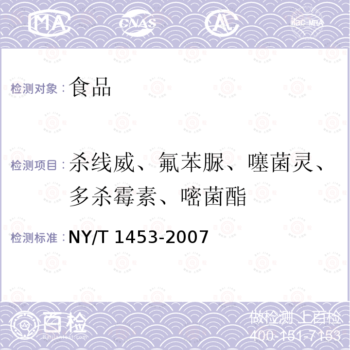 杀线威、氟苯脲、噻菌灵、多杀霉素、嘧菌酯 蔬菜及水果中多菌灵等16种农药残留测定 液相色谱-质谱-质谱联用法NY/T 1453-2007