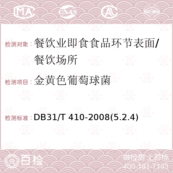 金黄色葡萄球菌 餐饮业即食食品环节表面卫生要求/DB31/T 410-2008(5.2.4)
