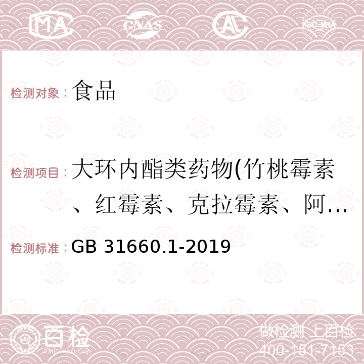 大环内酯类药物(竹桃霉素、红霉素、克拉霉素、阿奇霉素、吉他霉素、交沙霉素、螺旋霉素、替米考星、泰乐菌素) 食品安全国家标准 水产品中大环内酯类药物残留量的测定 液相色谱-串联质谱法 GB 31660.1-2019