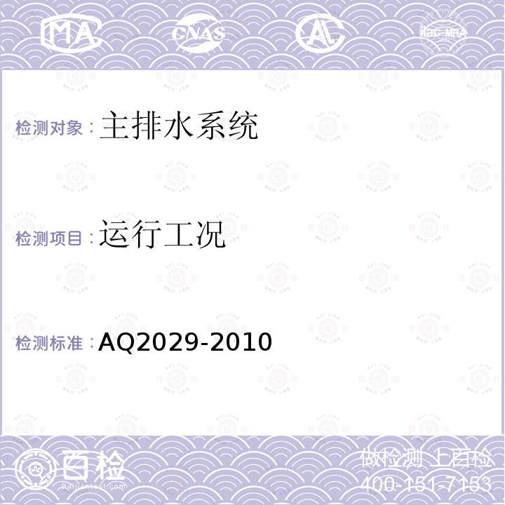 运行工况 AQ2029-2010 金属非金属地下矿山主排水系统安全检验规范 4.13；6.17