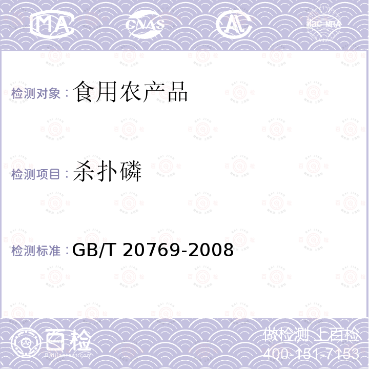 杀扑磷 GB/T 20769-2008 水果和蔬菜中450种农药及相关化学品残留量的测定 液相色谱-串联质谱法