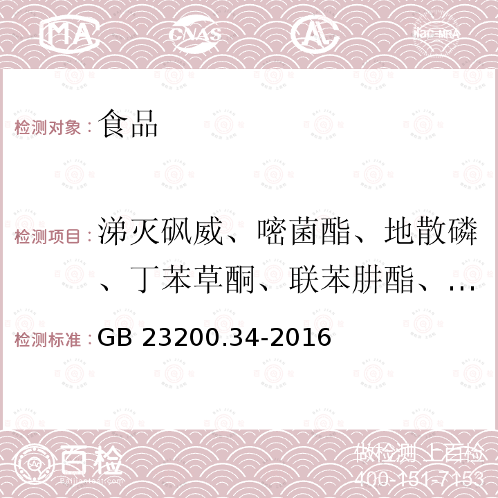 涕灭砜威、嘧菌酯、地散磷、丁苯草酮、联苯肼酯、噻嗪酮、萎锈灵、3-羟基克百威、烯草酮、氰霜唑、噻草酮、环丙酰菌胺、氟啶脲、枯草隆、环虫酰肼、噻虫胺、二苯隆、杀草隆、二甲嘧酚、苄氯三唑醇、除虫脲、敌草隆、乙虫腈、氟虫腈、氟啶胺、啶蜱脲、氟虫脲、磺菌胺、苯硫威、唑螨酯、嘧菌腙、氟草隆、氟啶酮、呋线威、氟铃脲、咪草酸甲酯、抗倒胺、异菌脲、茚虫威、吡虫啉、异噁隆、异噁唑草酮、氟丙氧脲、甲基苯噻隆、苯嗪草酮、甲氧虫酰肼、敌草胺、双苯氟脲、噁咪唑、噁嗪草酮、辛硫磷、增效醚、吡唑醚菌酯、吡唑特、苄草唑、戊菌隆、毒草胺、吡丙醚、精喹禾灵、螺螨酯、虫酰肼、氟苯脲、噻酰菌胺、噻虫啉、噻虫嗪 食品安全国家标准 食品中涕灭砜威、吡唑醚菌酯、嘧菌酯等65种农药残留量的测定 液相色谱-质谱/质谱法 GB 23200.34-2016