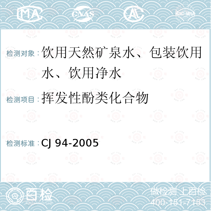 挥发性酚类化合物 饮用净水水质标准CJ 94-2005