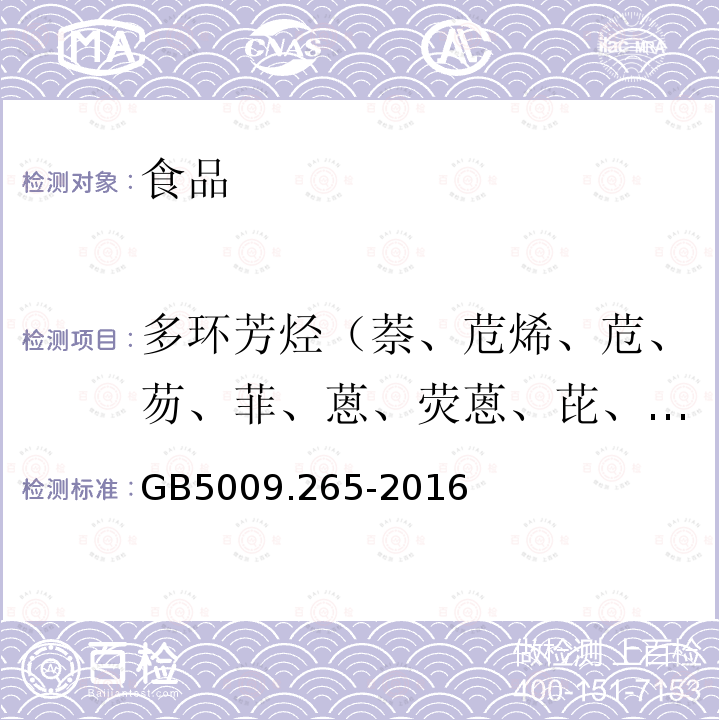 多环芳烃（萘、苊烯、苊、芴、菲、蒽、荧蒽、芘、苯并[a]蒽、、苯并[b]荧蒽、苯并[k]荧蒽、苯并[a]芘、茚并[1,2,3-c,d]芘、二苯并[a,h]蒽和苯并[g,h,i]苝） 食品安全国家标准食品中多环芳烃的测定GB5009.265-2016