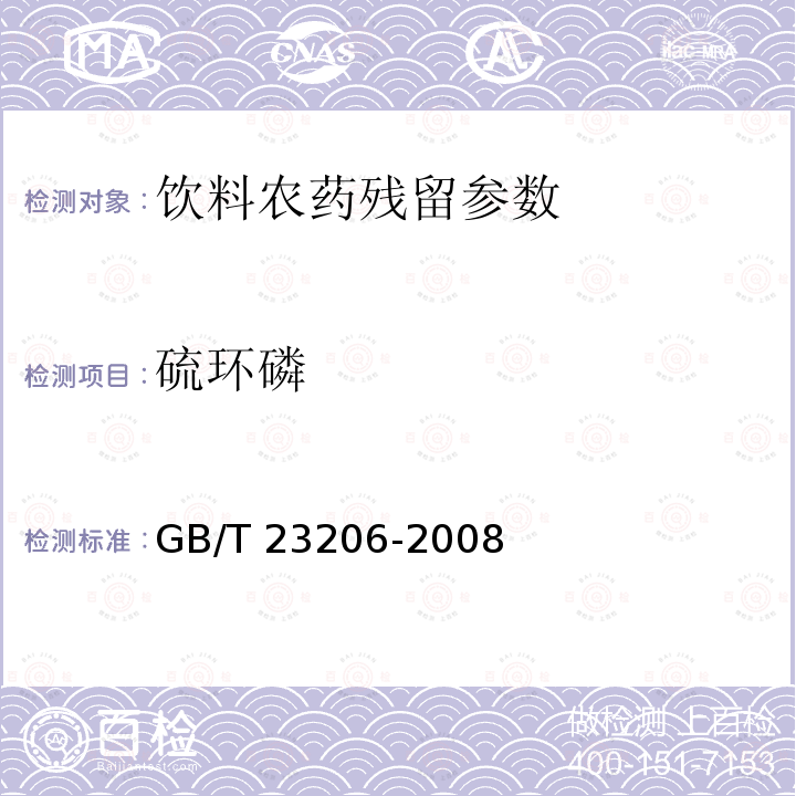 硫环磷 果蔬汁、果酒中512种农药及相关化学品残留量的测定 液相色谱-串联质谱法 GB/T 23206-2008