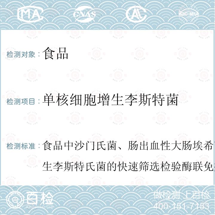 单核细胞增生李斯特菌 食品中沙门氏菌、肠出血性大肠埃希菌O157及单核细胞增生李斯特氏菌的快速筛选检验 酶联免疫法
GB/T 22429-2008