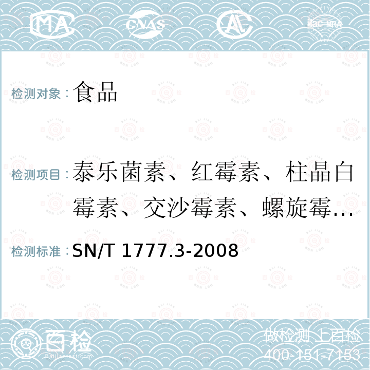 泰乐菌素、红霉素、柱晶白霉素、交沙霉素、螺旋霉素、替米考星 SN/T 1777.3-2008 动物源食品中大环内酯类抗生素残留检测方法 笫3部分:微生物抑制法(附英文版)