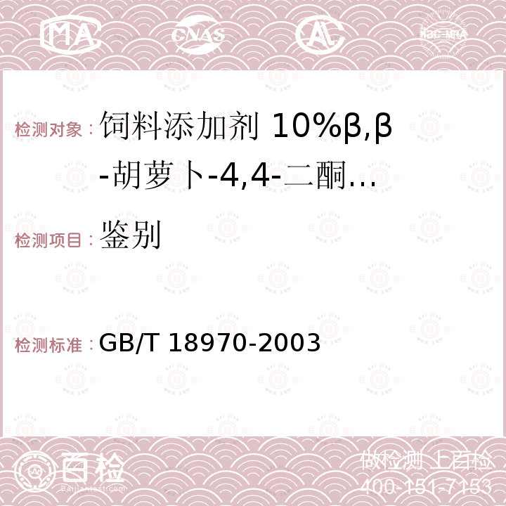 鉴别 饲料添加剂 10%β,β-胡萝卜-4,4-二酮(10%斑蝥黄)GB/T 18970-2003中的4.3