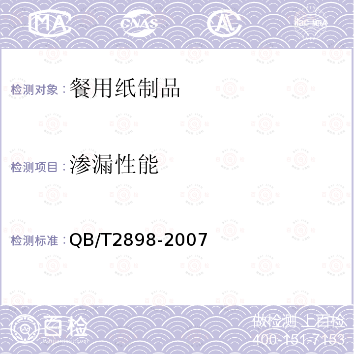 渗漏性能 餐用纸制品QB/T2898-2007