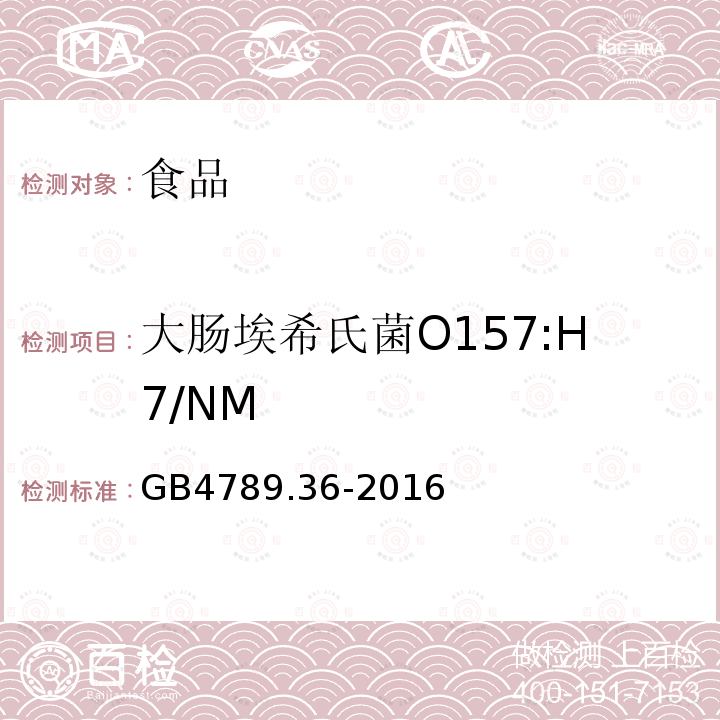 大肠埃希氏菌O157:H7/NM 食品安全国家标准食品微生物学检验大肠埃希氏菌O157:H7/NM检验GB4789.36-2016