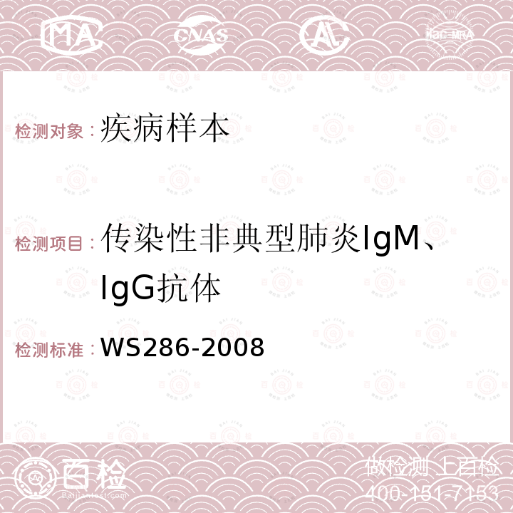 传染性非典型肺炎IgM、IgG抗体 WS 286-2008 传染性非典型肺炎诊断标准