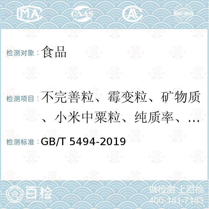 不完善粒、霉变粒、矿物质、小米中粟粒、纯质率、稻谷粒、生芽粒、生霉粒、带壳粒、高粱壳、谷外糙米、糠粉、限度、不完善粒 粮油检验 粮食、油料的杂质、不完善粒检验GB/T 5494-2019