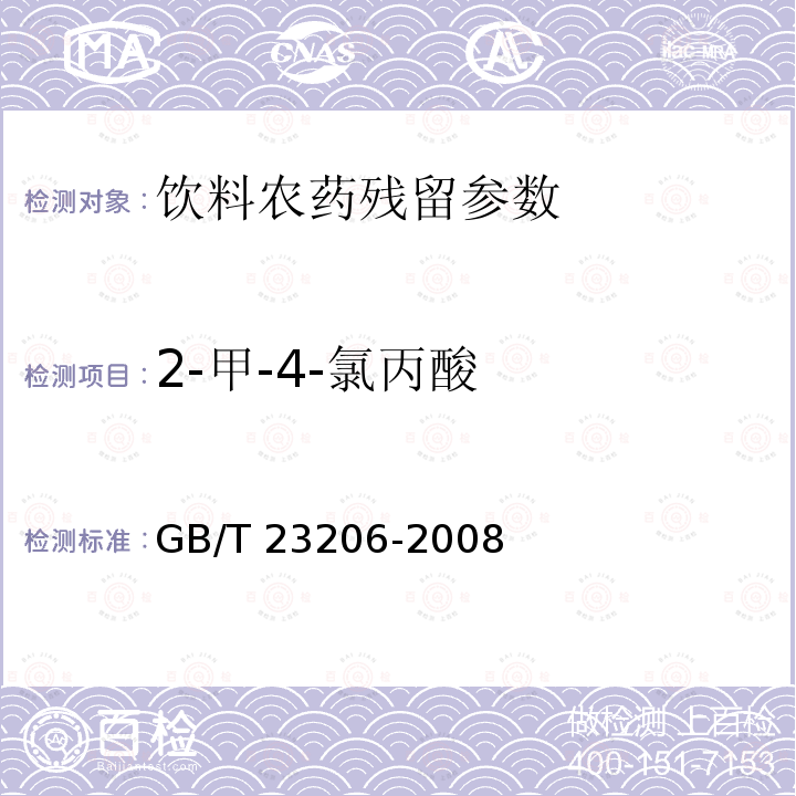 2-甲-4-氯丙酸 果蔬汁、果酒中512种农药及相关化学品残留量的测定 液相色谱-串联质谱法 GB/T 23206-2008