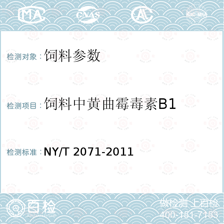 饲料中黄曲霉毒素B1 饲料中黄曲霉毒素、玉米赤霉烯酮和T-2毒素的测定 液相色谱-串联质谱法NY/T 2071-2011