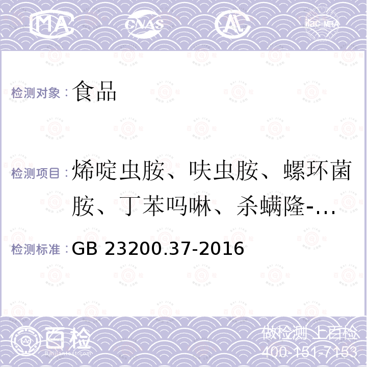 烯啶虫胺、呋虫胺、螺环菌胺、丁苯吗啉、杀螨隆-甲脒、十三吗啉、叶菌唑、杀螨隆-脲、密灭汀、泰妙菌素、多杀霉素A、多杀霉素D、氨基阿维菌素、甲氨基阿维菌素1、甲氨基阿维菌素2、烯丙酰草胺、驱虫磷、烯唑醇、阿维菌素、甲基甲酸胺阿维菌素 食品安全国家标准 食品中烯啶虫胺、呋虫胺等20种农药残留量的测定 液相色谱-质谱/质谱法 GB 23200.37-2016