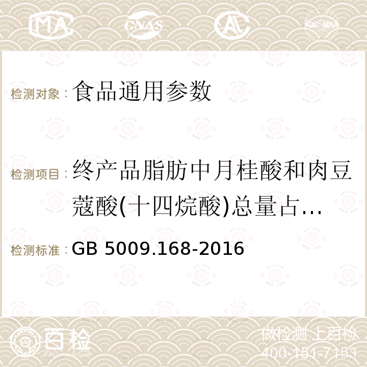 终产品脂肪中月桂酸和肉豆蔻酸(十四烷酸)总量占总脂肪酸的比值 食品安全国家标准 食品中脂肪酸的测定 GB 5009.168-2016