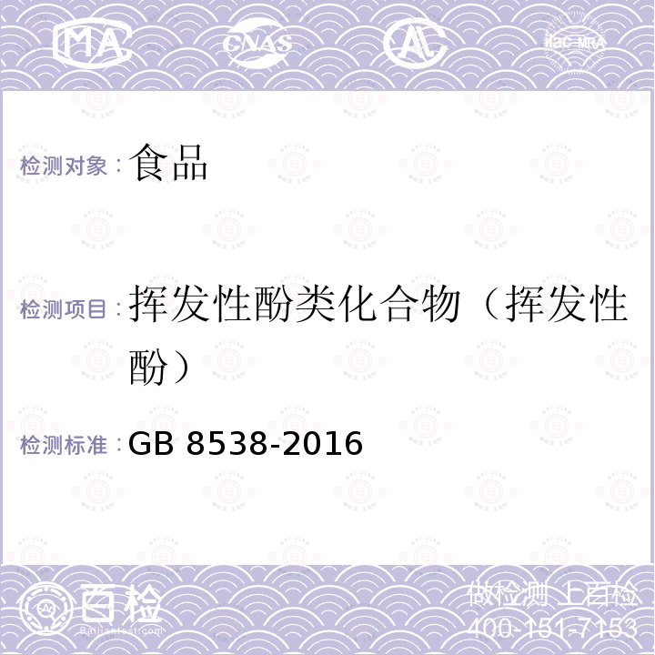 挥发性酚类化合物（挥发性酚） 食品安全国家标准 饮用天然矿泉水检验方法 GB 8538-2016中46.1