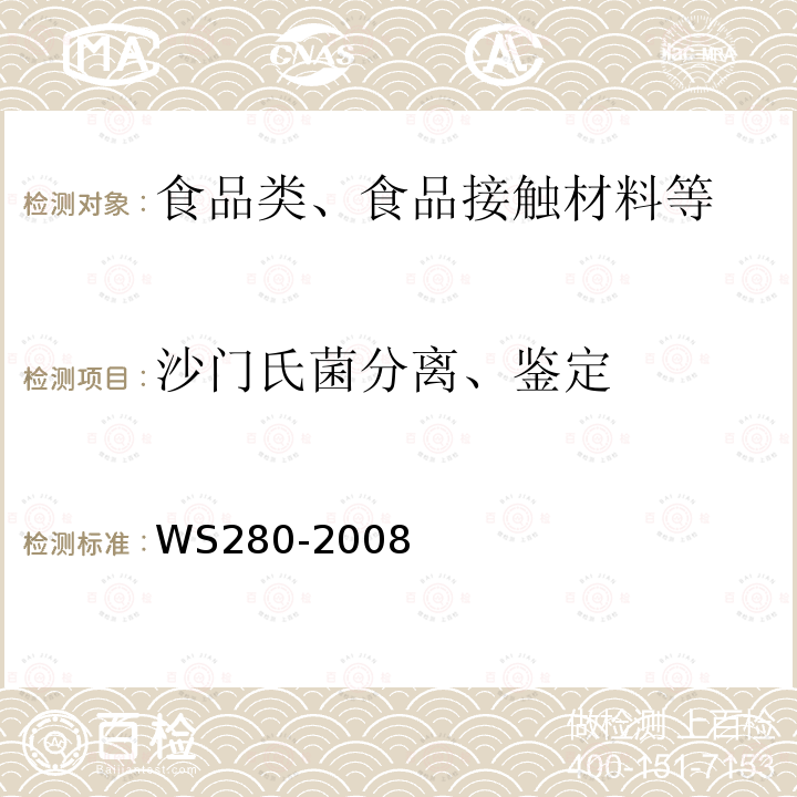 沙门氏菌分离、鉴定 伤寒和副伤寒诊断标准WS280-2008