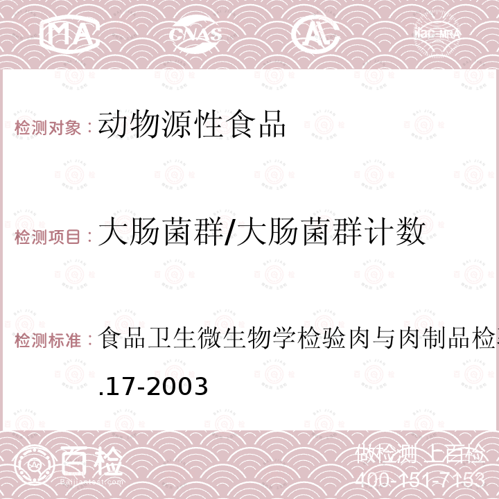 大肠菌群/大肠菌群计数 食品卫生微生物学检验 
肉与肉制品检验
GB/T 4789.17-2003