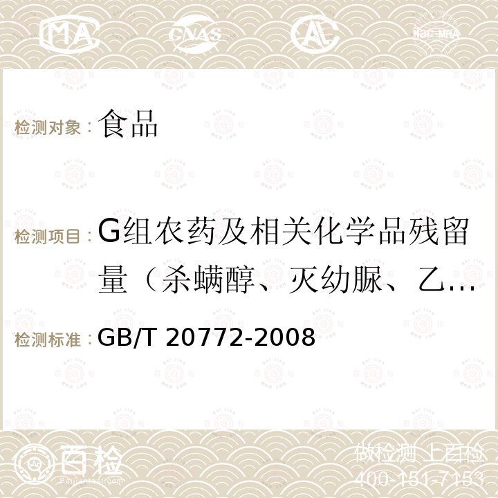 G组农药及相关化学品残留量（杀螨醇、灭幼脲、乙虫清） 动物肌肉中461种农药及其相关化学品残留量的测定 液相色谱-串联质谱法 GB/T 20772-2008