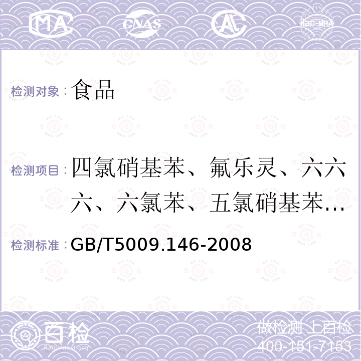 四氯硝基苯、氟乐灵、六六六、六氯苯、五氯硝基苯、七氟菊酯、七氯、艾氏剂、异艾氏剂、环氧七氯、反丙烯除虫菊酯、硫丹、狄氏剂、苯氧菊酯、灭虫菊酯、异狄氏剂（酮）、胺菊酯、联苯菊酯、甲氰菊酯、苯醚菊酯、灭蚁灵、氟丙菊酯、氯菊酯、氟氰戊菊酯、氰戊菊酯、S-氰戊菊酯、氟胺氰菊酯、四溴菊酯、溴氰菊酯、五氯酚、百菌清、三氯杀螨醇、氧氯丹、乙酯杀螨醇、异狄氏剂醛、硫丹硫酸酯、生物苄呋菊酯、三氯杀螨砜、醚菊酯 植物性食品中有机氯和拟除虫菊酯类农药多种残留量的测定GB/T5009.146-2008